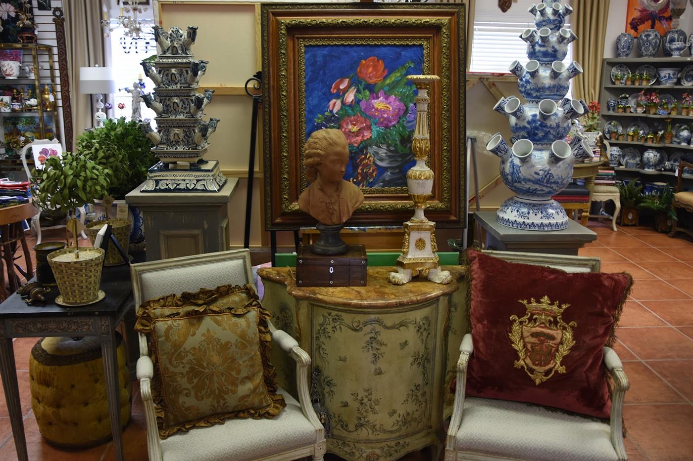 Delft tulipières, terracotta bust and painted commode